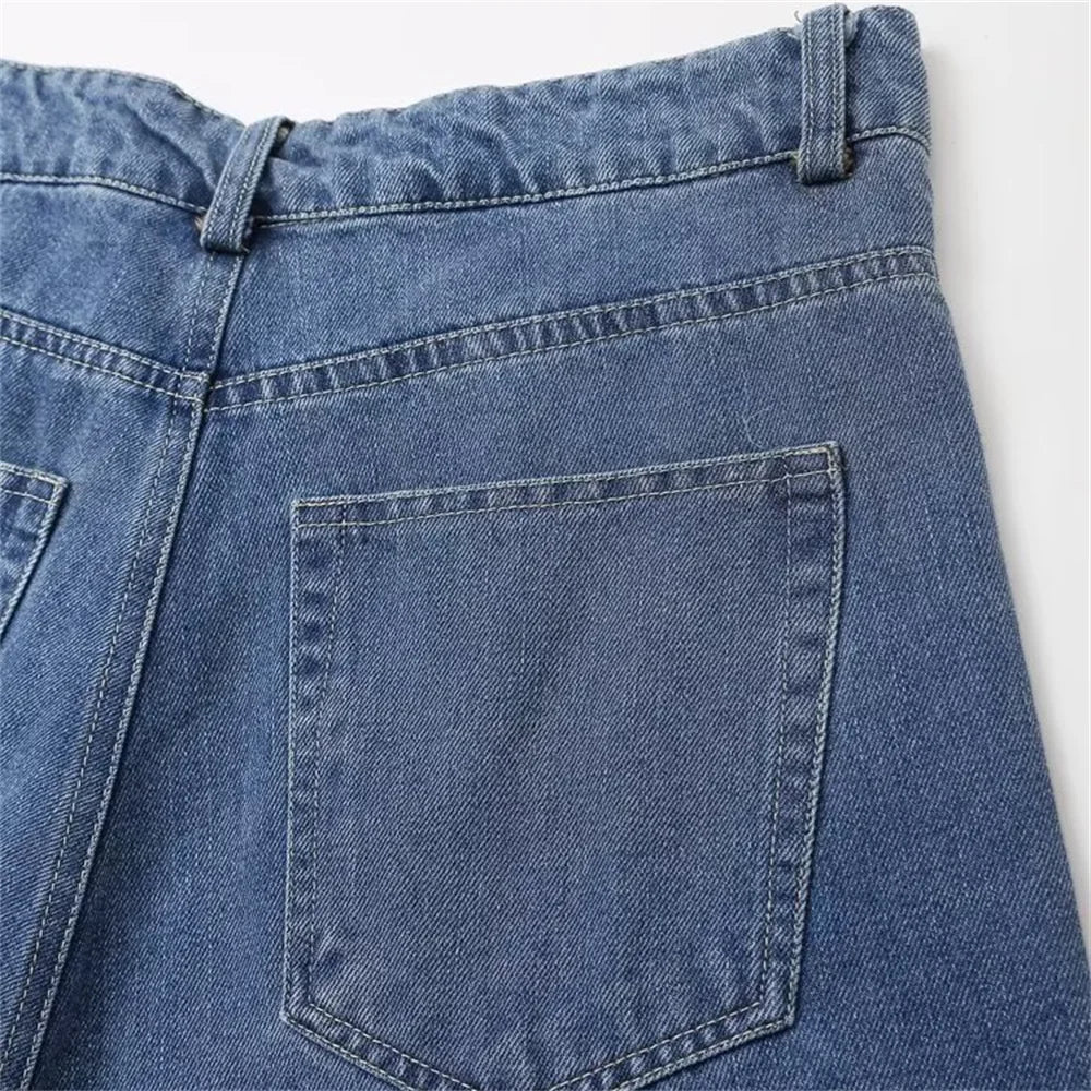 Autumn Women's Fashion Casual Denim Shirt with Collar and Long Sleeves Paired with High Waist Wide Leg Jeans Set