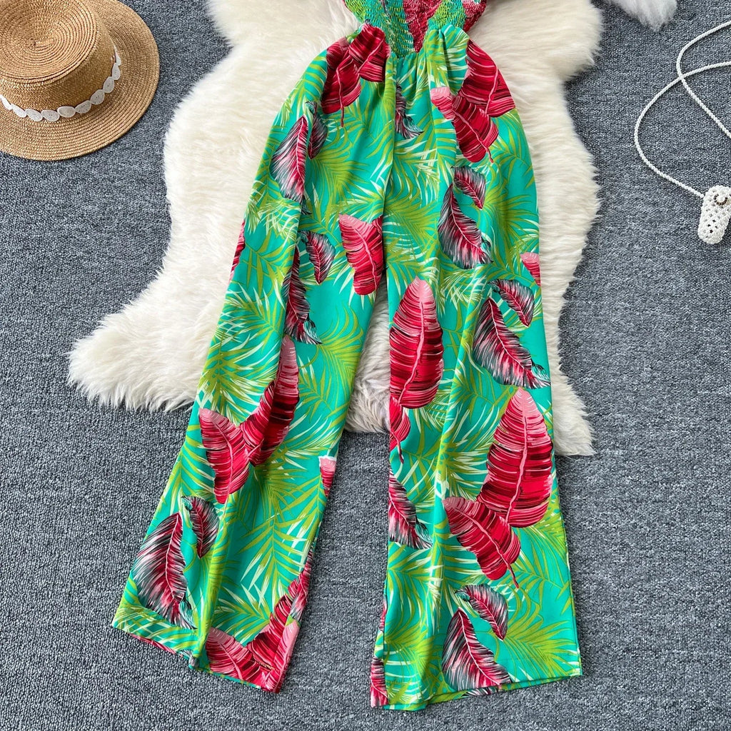 Square Neck Loose Pleated Jumpsuit with Ruffles Backless Design Wide Leg Long Pants Elegant Chic Printed Playsuit for Women