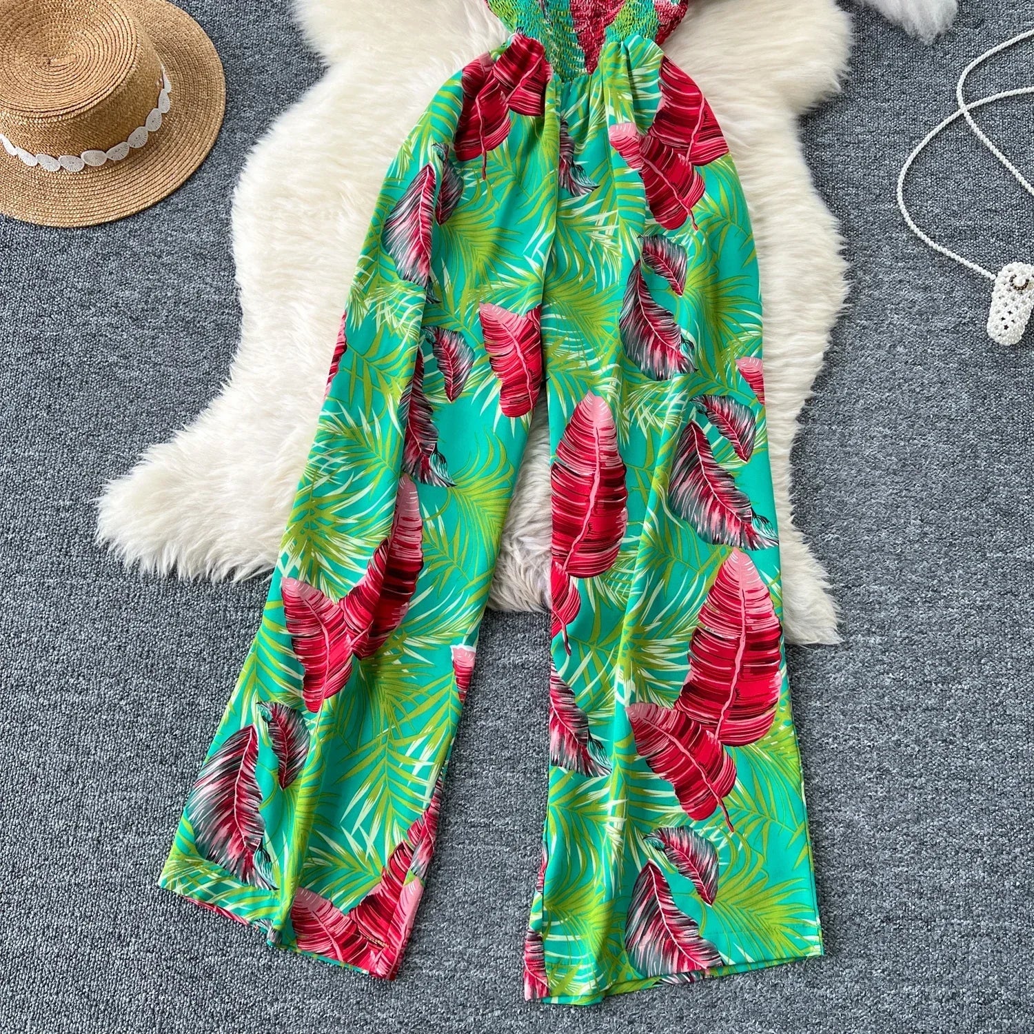Square Neck Loose Pleated Jumpsuit with Ruffles Backless Design Wide Leg Long Pants Elegant Chic Printed Playsuit for Women