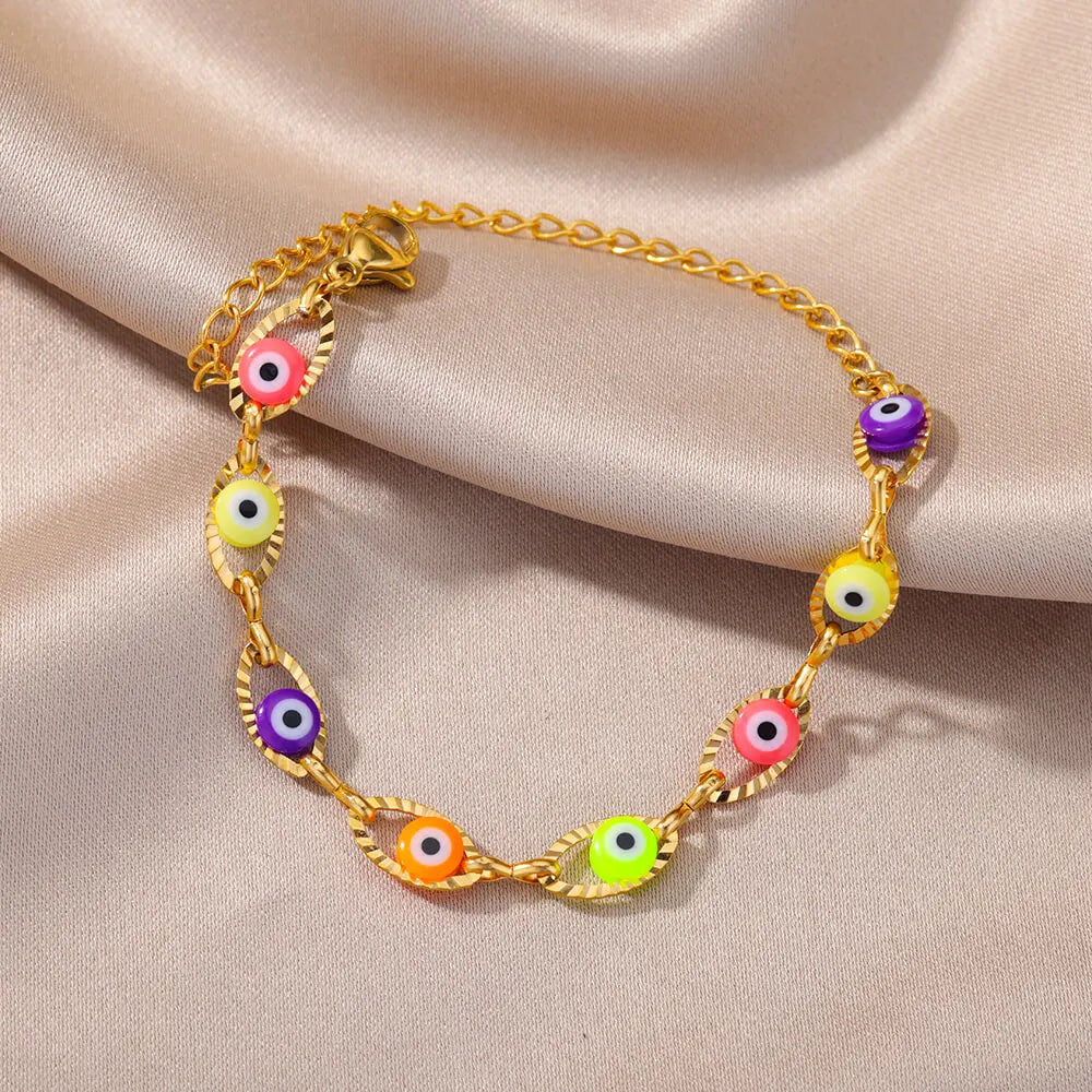 Gothic Rainbow Evil Eye Bracelet for Women Stainless Steel Gold Color Turkish Charm Chain Jewelry