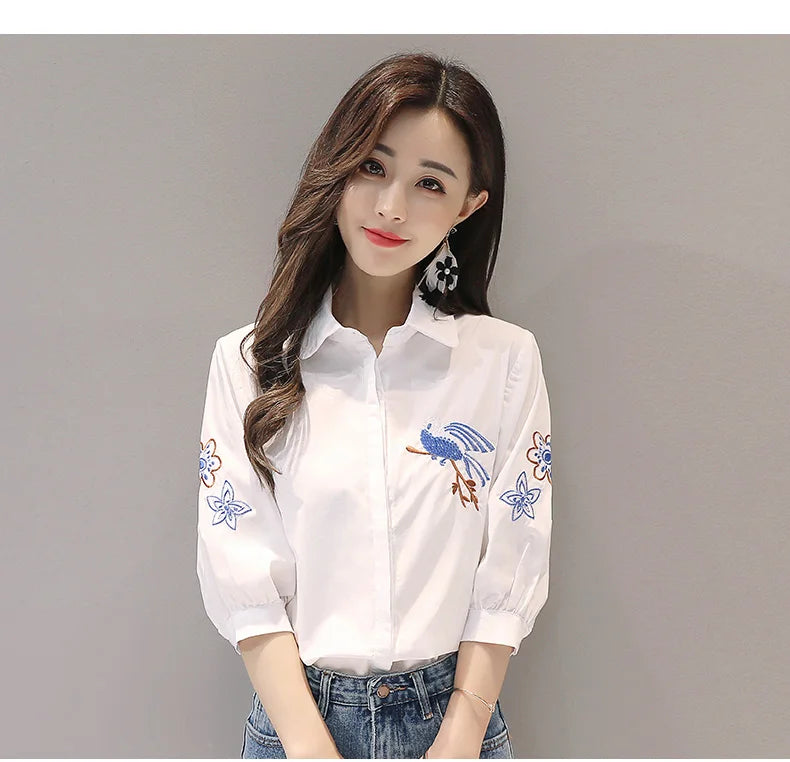 Embroidered Five-Point Sleeve Summer Shirt for Women Lightweight Lapel Casual Top with Elegant Literary Style and Versatile Temperament