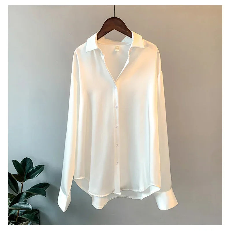 Long Sleeve Satin Shirt for Women Draped Retro Style Sun-Proof Lightweight Blouse Perfect for Spring and Summer All-Matching Fashion Top