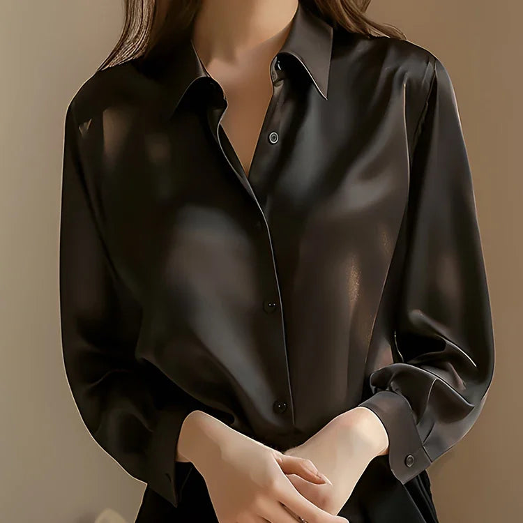 Elegant Satin Long Sleeve Women's Shirt Slim Fit Casual Office Blouse Stylish Autumn Top