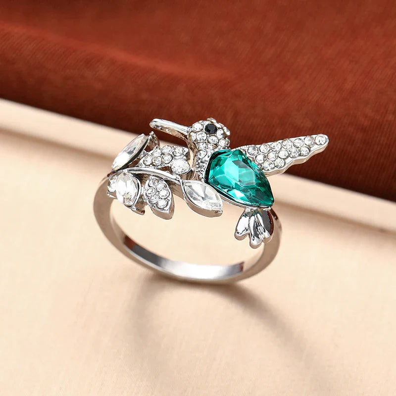 Elegant Natural Blue Stone Hummingbird Adjustable Ring for Women - Unique Glass Filled Wedding and Engagement Jewelry