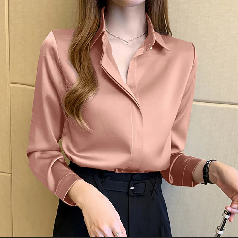 Elegant Satin Women Blouse Long Sleeve Shirt Autumn Fashion Tops for Ladies Office and Casual Wear