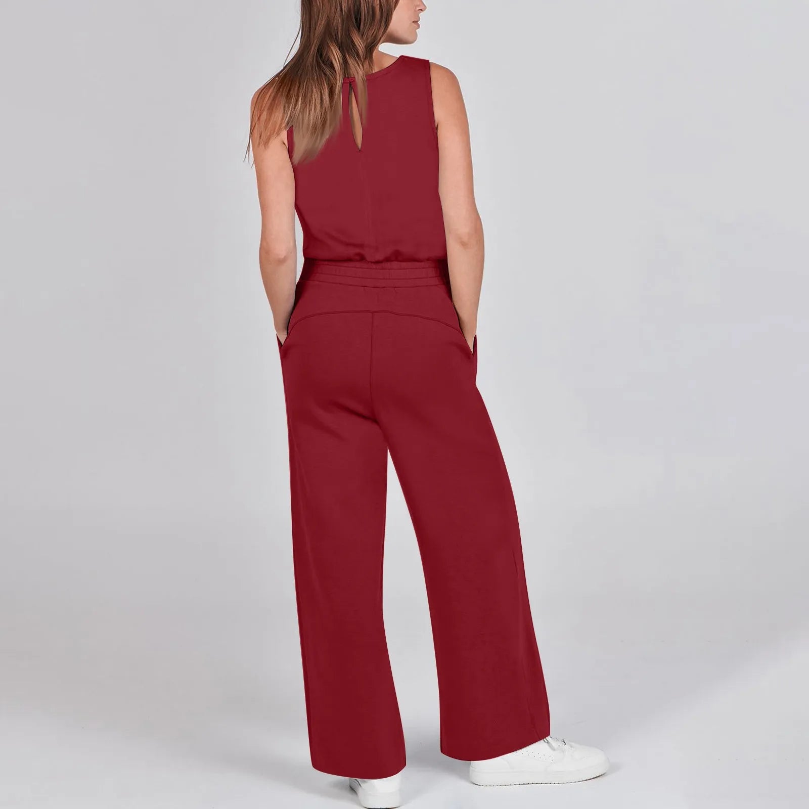 Women's Sleeveless Solid Color Casual Jumpsuit with Drawstring Waist Pockets Straight Leg Thin Commuting Outfit