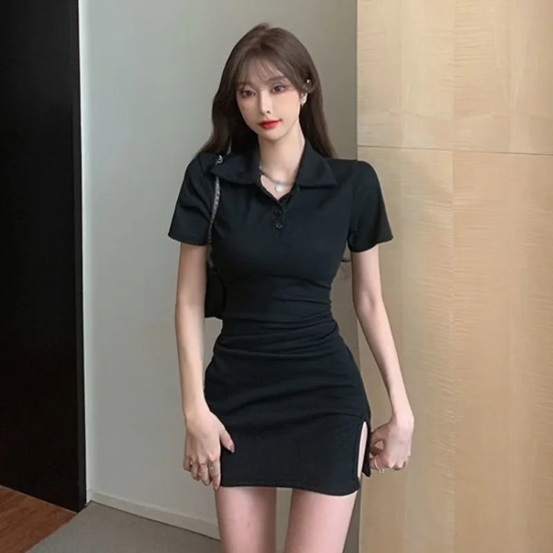 Women Summer Dress Short Sleeve Mini Turn Down Collar