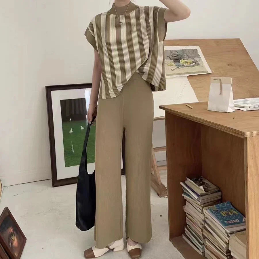 Women Casual Striped Sweater Pant Set Autumn Winter Knitted Short Sleeve Tops and Elastic Sweater Pants