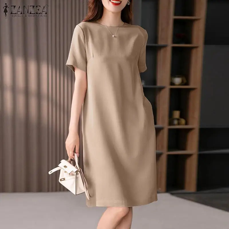 Summer Dress For Women Short Sleeve Knee Length With Pockets