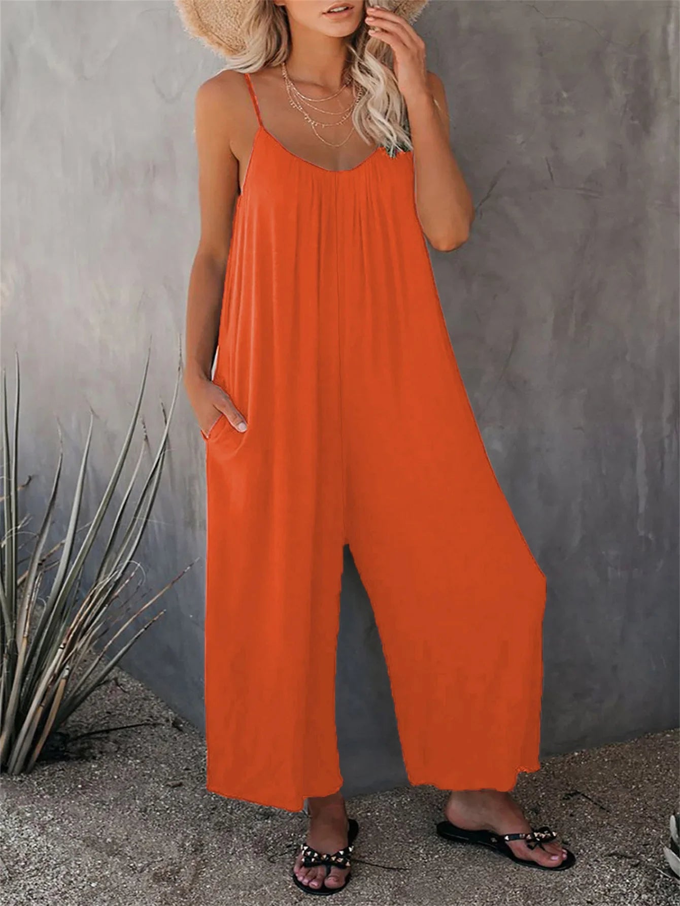 Women's Summer Strap Jumpsuit with Solid Color Design and Convenient Side Pockets Casual Lightweight Romper