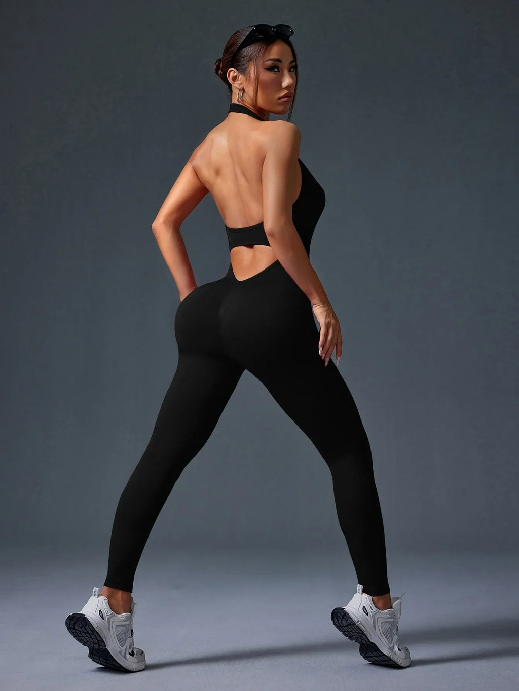 Ladies Black Hanging Neck Backless Fitness Jumpsuit Sculpting Silhouette Stylish High Quality Activewear