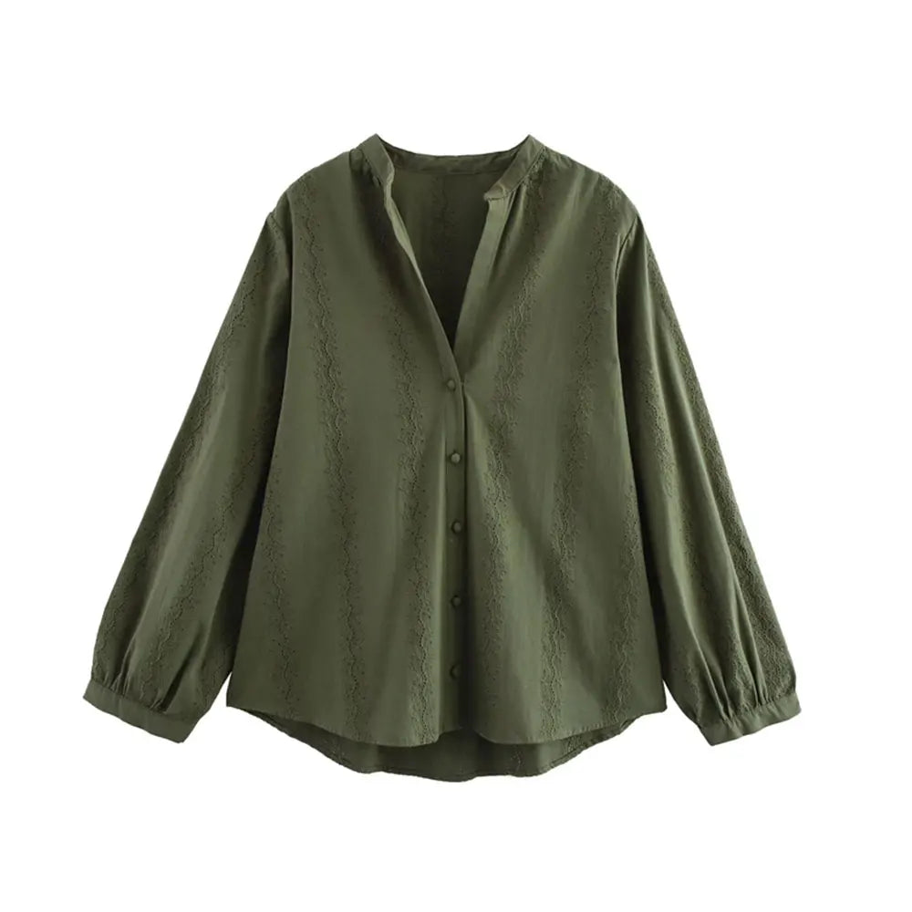 Womens Long Sleeve Cutwork Embroidery Shirt Chic Blouse with Front Covered Buttons Elegant Fashion Top