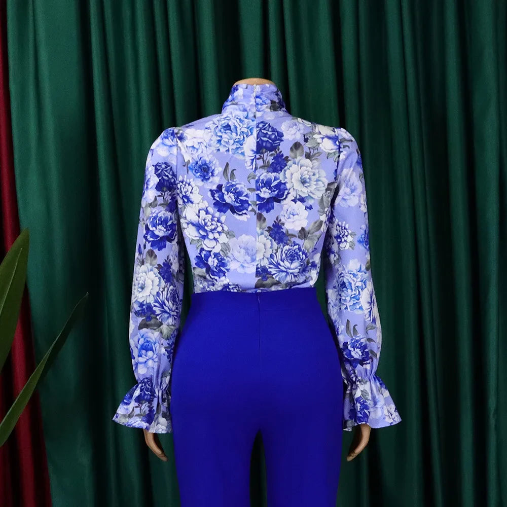 Elegant Full Sleeve Bow Collar Printed Blouse for Women Stylish Business Workwear Shirt Tops