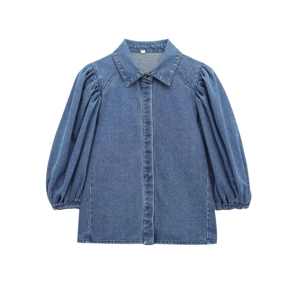 Women's Denim Cropped Shirt with Vintage Loose Lapel Puff Sleeves Single-Breasted Solid Color Blouse Chic Spring Summer Top