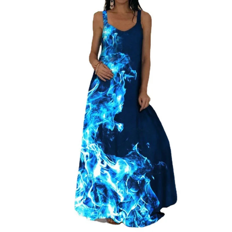 Flame Print Sleeveless Dress For Summer Casual Wear