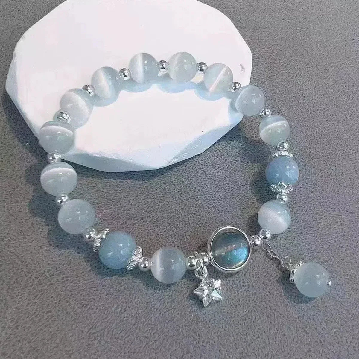 Unique Dreamy Blue Moonstone Cat Eye Pendant Crystal Bead Bracelet for Women