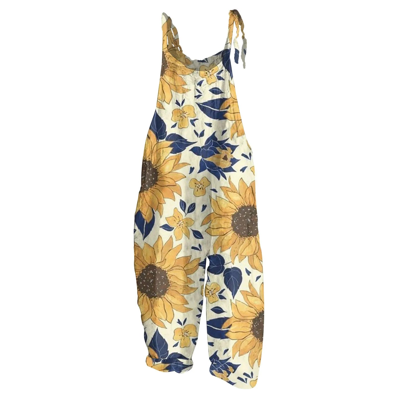 Sunflower Print Slim Fit Cotton Linen Overalls Women Casual Loose Jumpsuit Stylish Romper with Adjustable Shoulder Straps Comfortable Everyday Wear