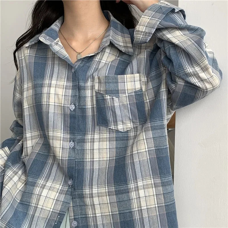 Casual Long Sleeve Plaid Blouse Mid Length Loose Fit Turn Down Collar Shirt for Women Autumn Winter Fashion Top