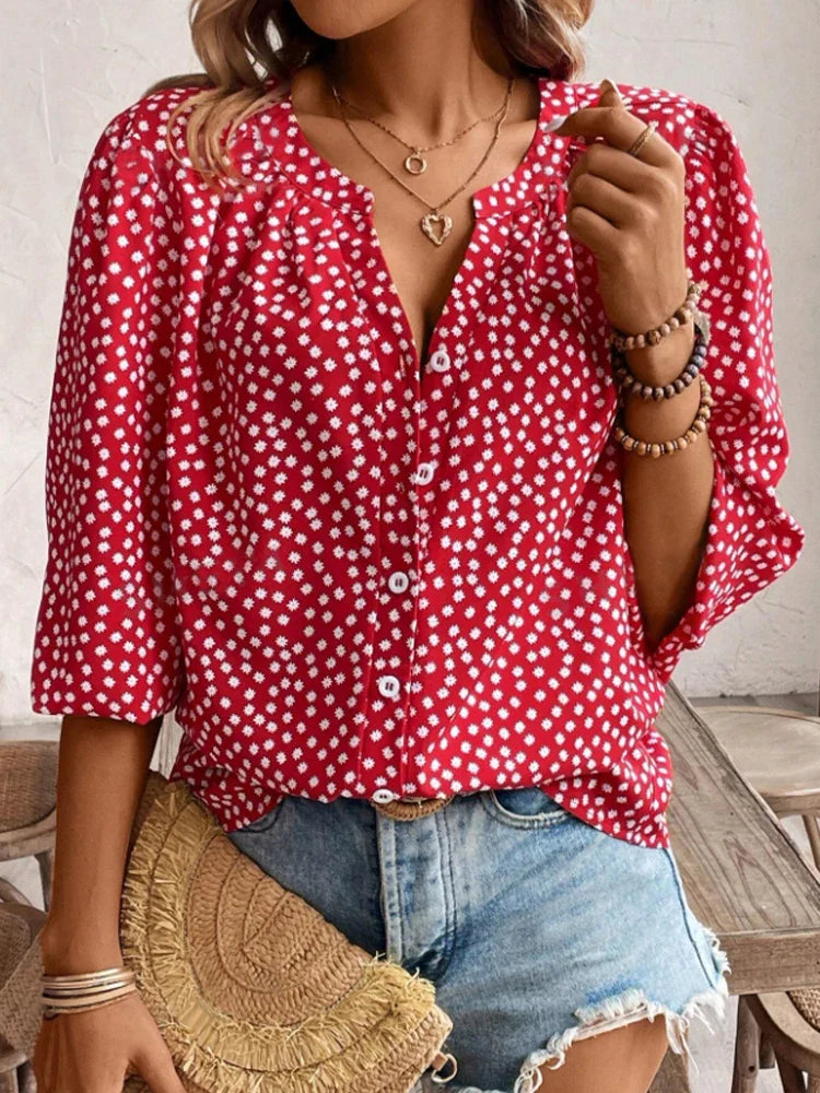Women's Vacation V-Neck Button-Up Mid-Sleeve Shirt with Open Gap and Single Row Buttons Casual Summer Top