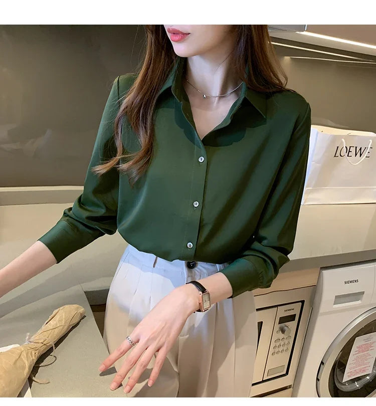 Elegant Satin Long Sleeve Blouse for Women Casual Office Shirt Solid White Basic Top
