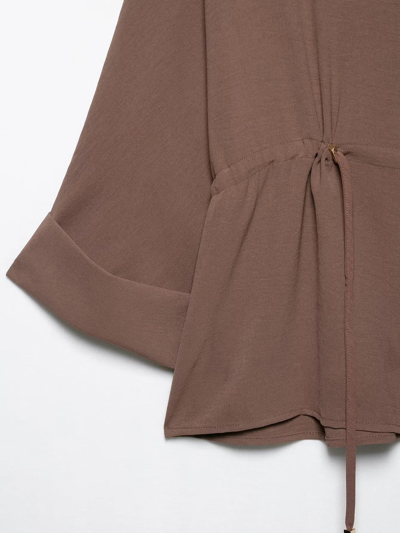 Women Camel Safari Style Flowing Shirt with Drawstring Waist Wide Sleeves and Turn-up Cuffs Casual Blouse for Holiday and Everyday Wear
