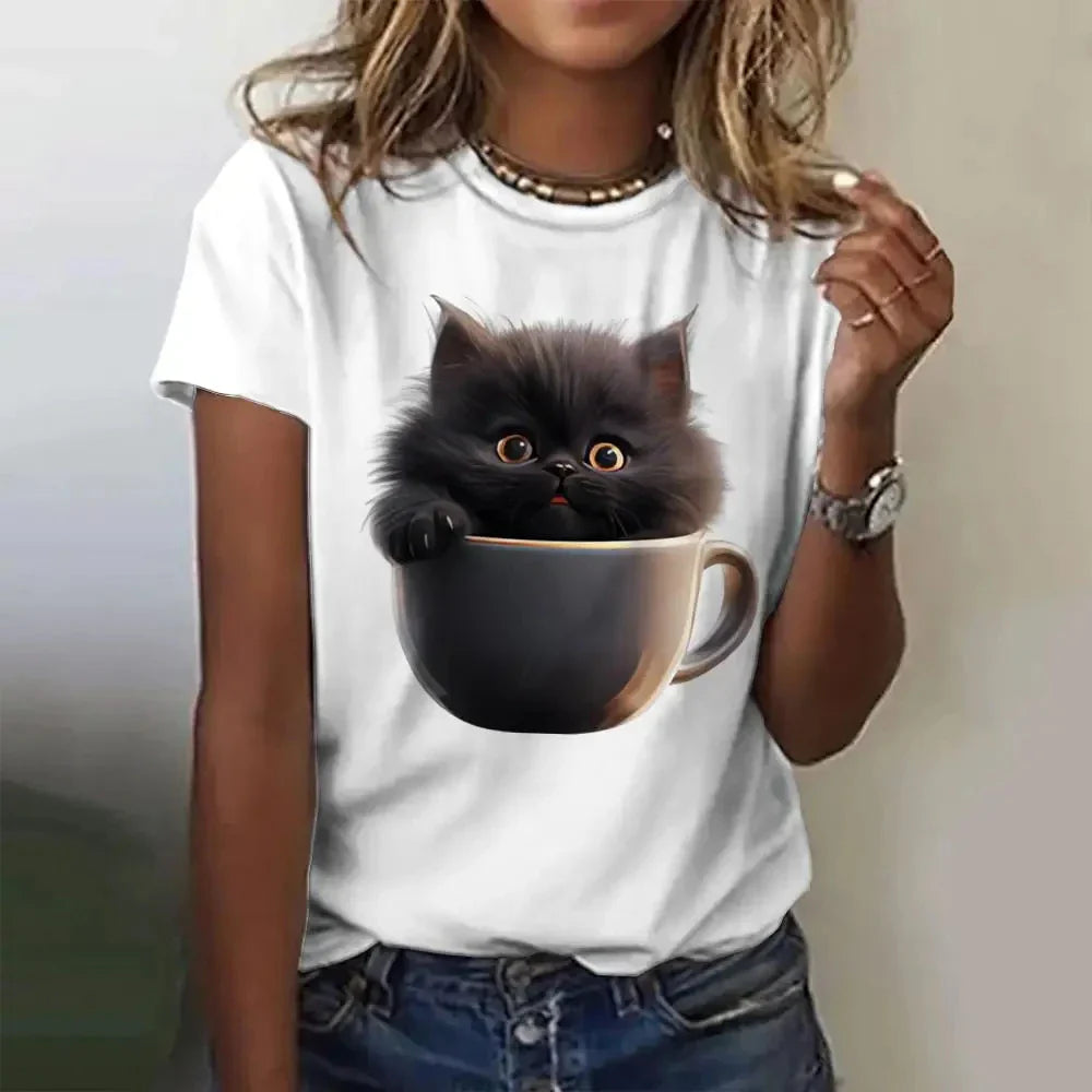 Cute Cat Printed Women's T-Shirt Comfortable Casual Short Sleeve Top for Daily Wear