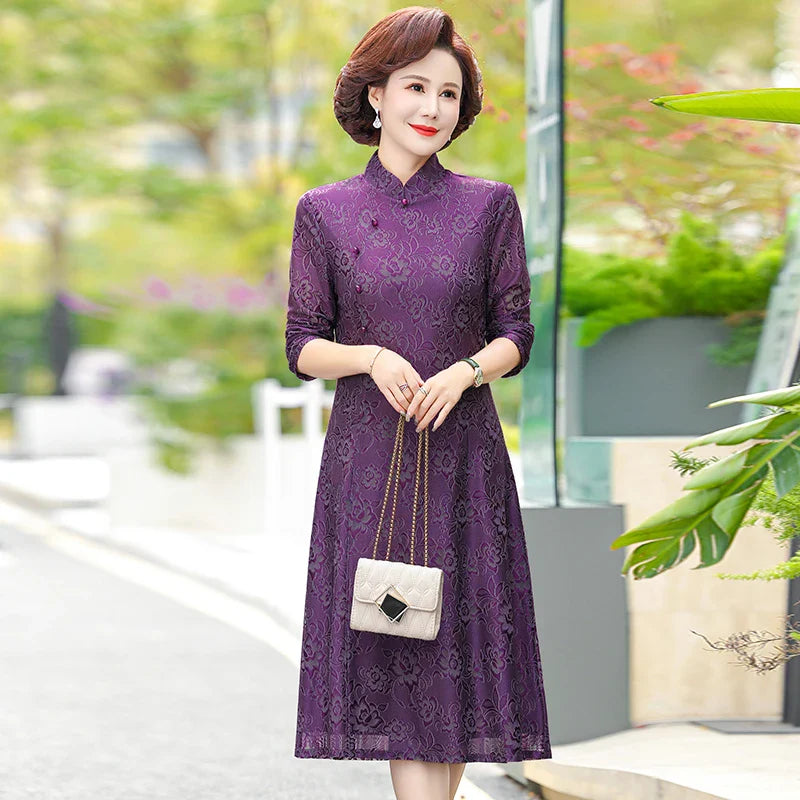 Elegant Lace Dress For Women With Qipao Collar A Line Long