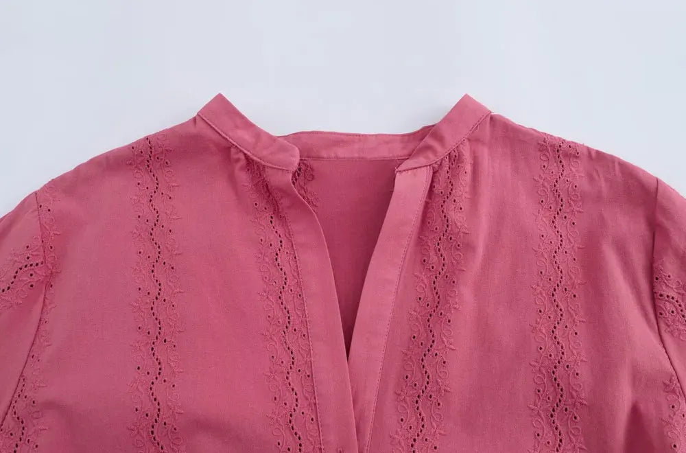 Womens Long Sleeve Cutwork Embroidery Shirt Chic Blouse with Front Covered Buttons Elegant Fashion Top