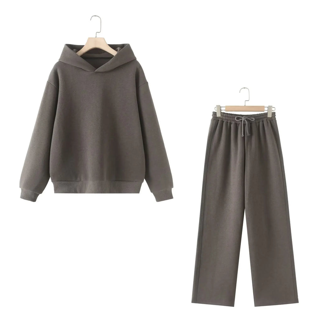 Solid Hoodie Top and Wide Leg Long Pant Set for Women with Elastic Waist and Chic Lace-Up Design