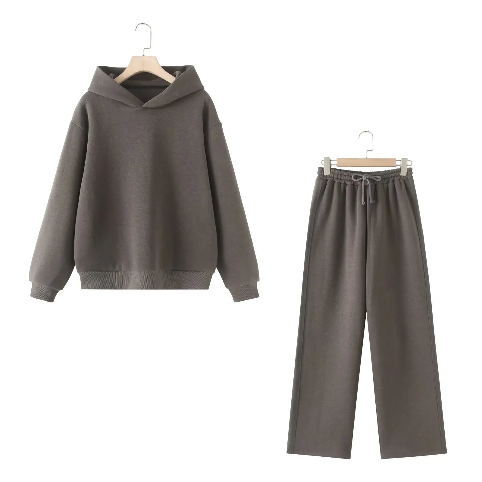 Solid Hoodie Top and Wide Leg Long Pant Set for Women with Elastic Waist and Chic Lace-Up Design