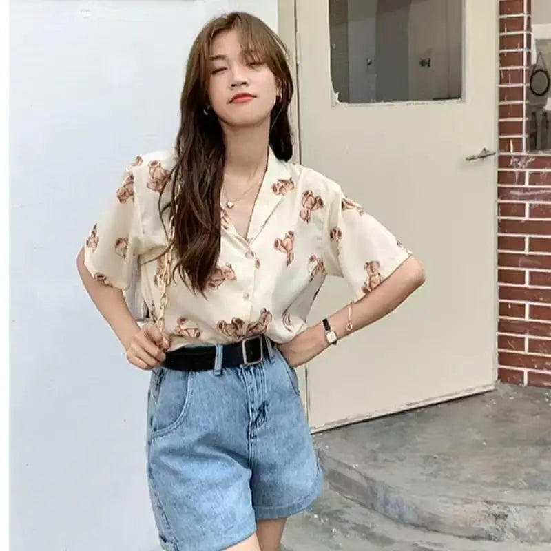 Summer Women's Chiffon Bear Print Short Sleeve T-Shirt Loose Vintage Casual Blouse Lightweight Korean Fashion Top for Ladies