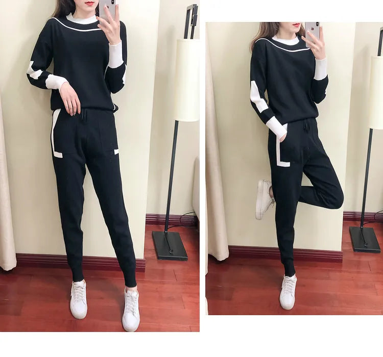 Knitted Casual Two Piece Set for Women Featuring Long Sleeve Pullover Sweater and Stylish Pants Suit