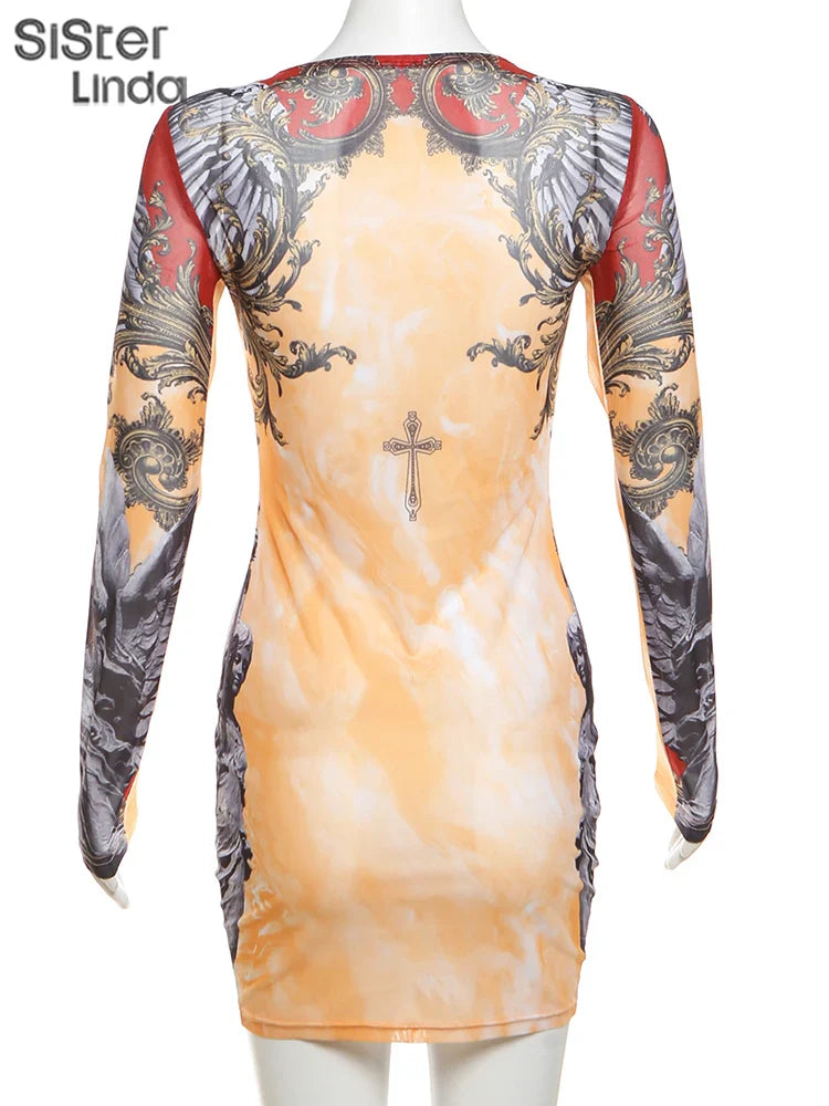 Aesthetic Print Mini Dress With Long Sleeve O Neck Chic