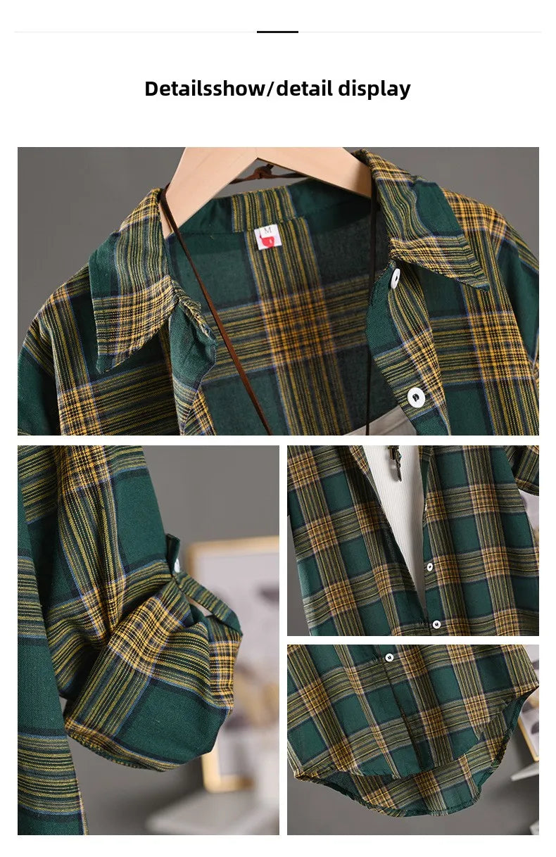 Women's Lightweight Cotton Linen Plaid Shirt Mid-Length Loose Jacket with Sun Protection for Spring and Summer Outerwear
