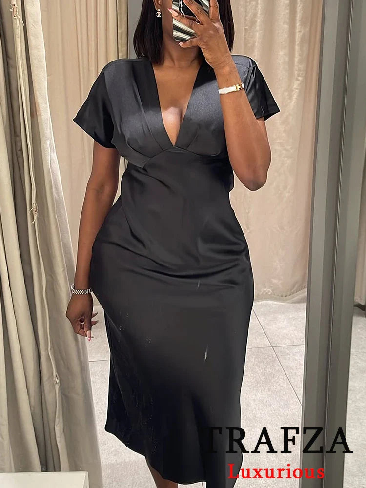 Satin V Neck Long Dress For Women Elegant Party Gown