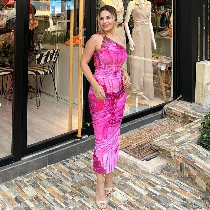 One Shoulder Backless Gradient Print Dress For Party