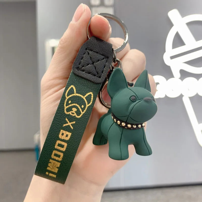 Punk French Bulldog Keychain PU Leather Dog Bag Pendant for Women and Men Car Key Ring