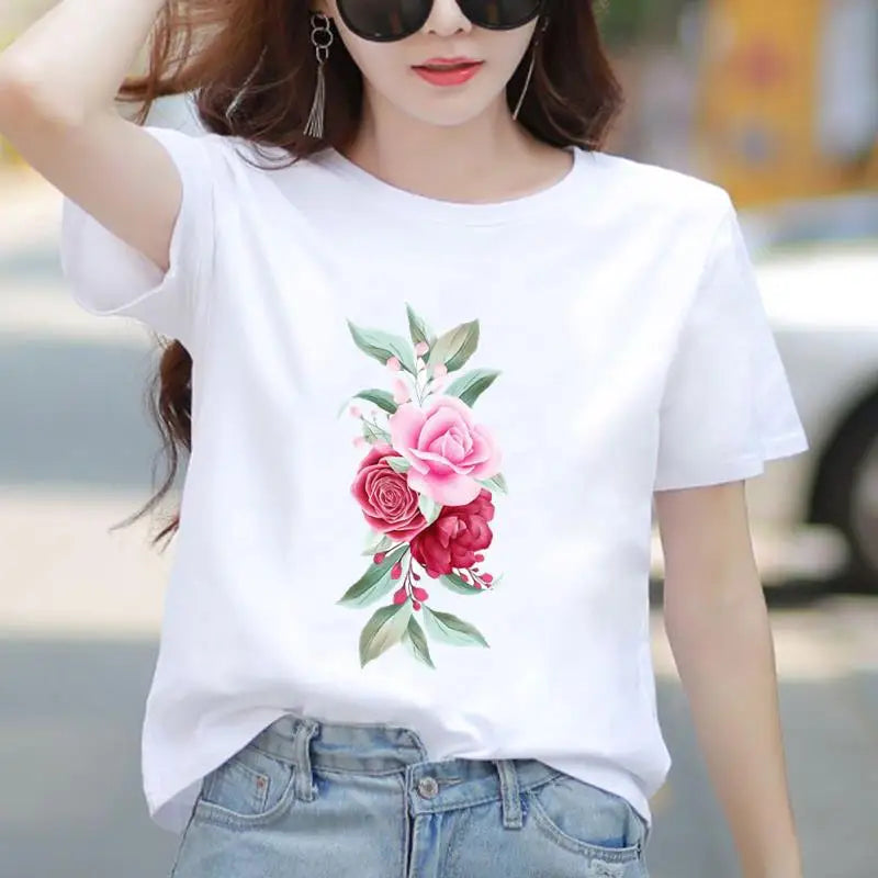 Women's Cute Floral Graphic T-Shirt Casual Short Sleeve Tee 90s Trendy Print Top