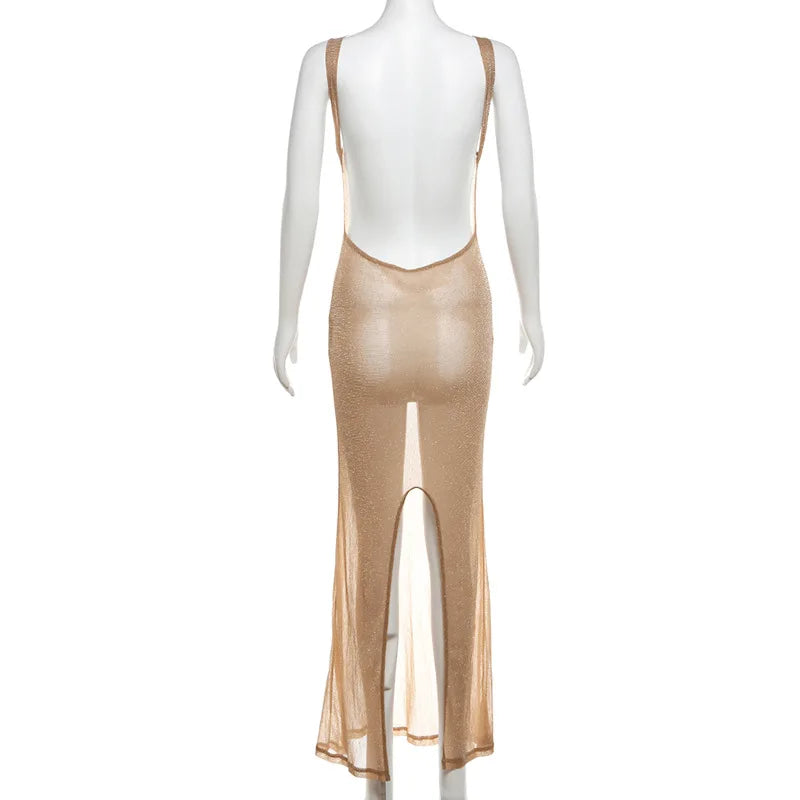 See Through Beach Maxi Dress Sleeveless Backless Bodycon