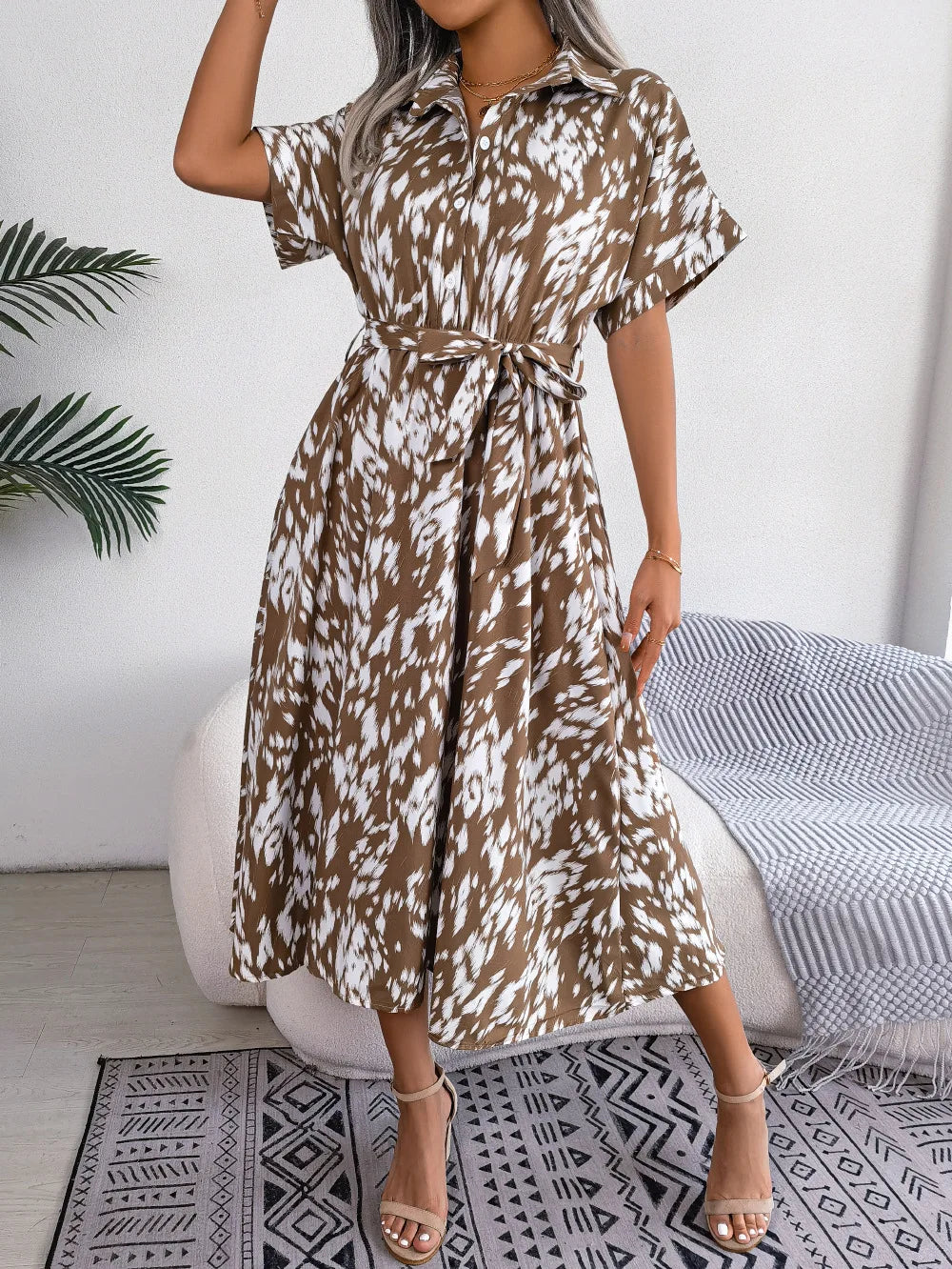 Leopard Print Shirt Dress Lace Up Casual Summer Style