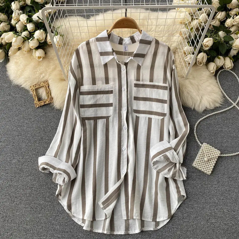 Elegant Medium Length Vertical Stripe Shirt Jacket for Women Casual Loose Fitting Korean Style Blouse