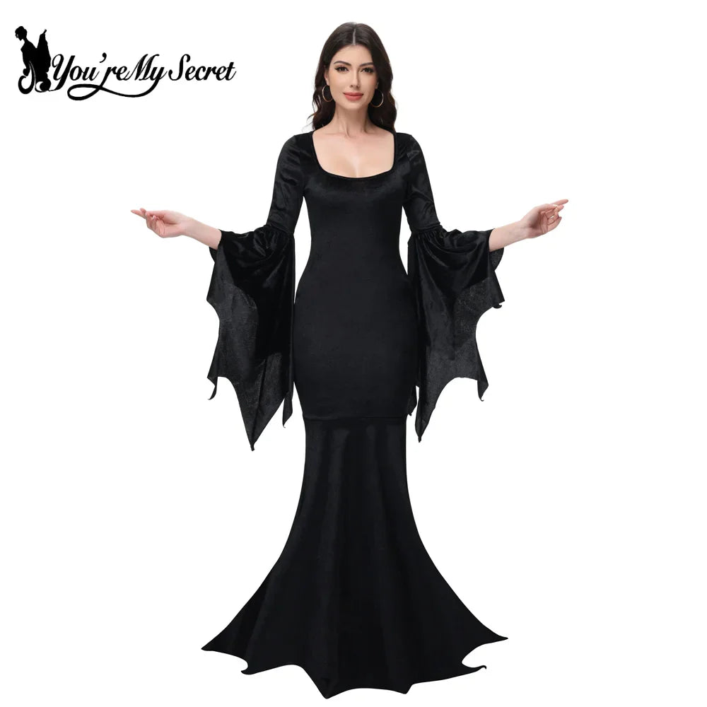 Morticia Addams Gothic Velvet Dress With Flared Sleeves