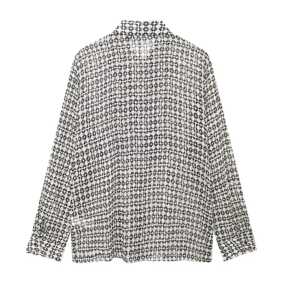 Women's Versatile Long Sleeve Printed Shirt with Decorative Chest Stacking and Casual Collar for Autumn Fashion and Leisure Wear