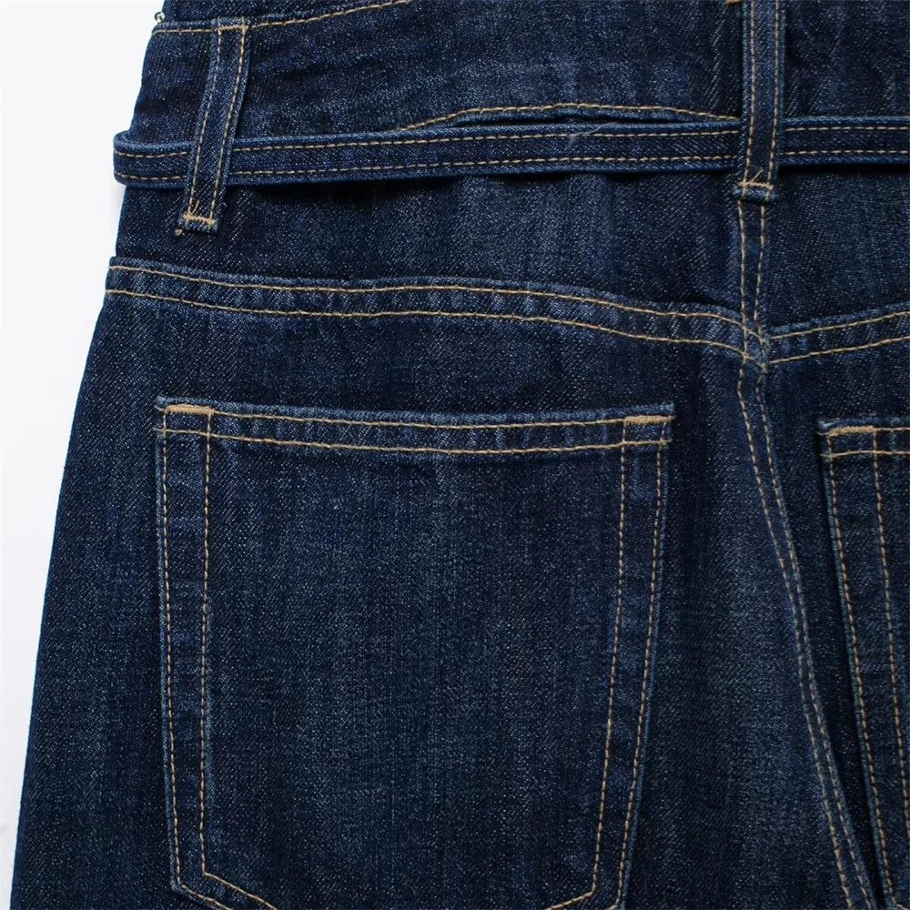 Loose Fitting Waist Belt Cotton Denim Long Jumpsuit for Women Comfortable Autumn and Winter Fashion