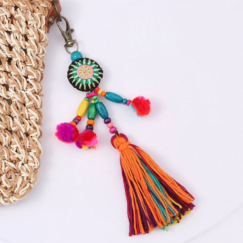 Colorful Flower Charms Keychain with Wooden Beads and Pompom Boho Jewelry