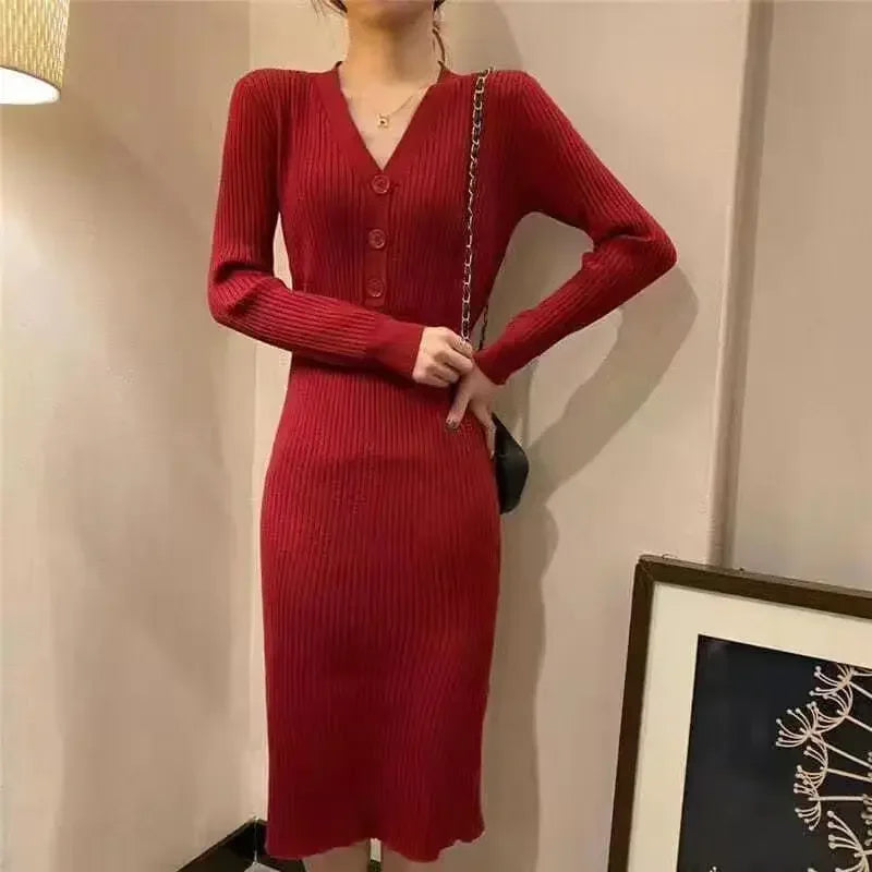 Knit V Neck Women Sweater Dress Long Sleeve Bodycon Office