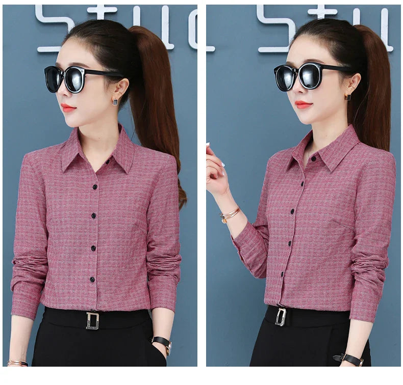Women's Long Sleeve Slimming Cotton Shirt with Flip Collar Casual Versatile Top for Spring and Autumn Fashion