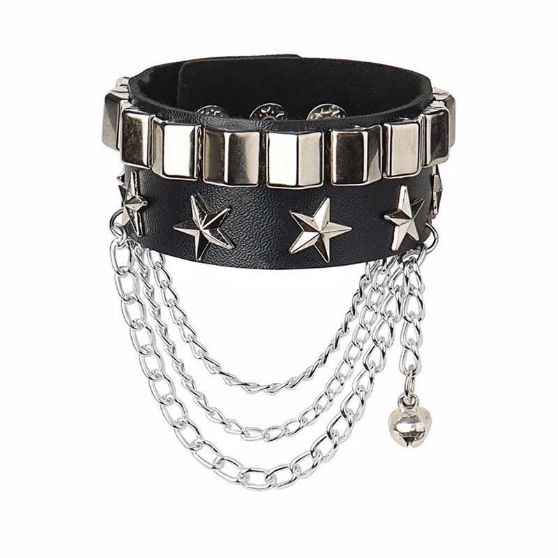 90s Fashion Punk Style Spiked PU Leather Bracelet with Square Studs and Multi-Row Design