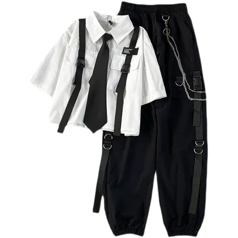 Casual Streetwear Cargo Pants Set with Chain and Harajuku Style Shirt for Women - Two Piece Loose Joggers and Blouse Outfit in Black and White