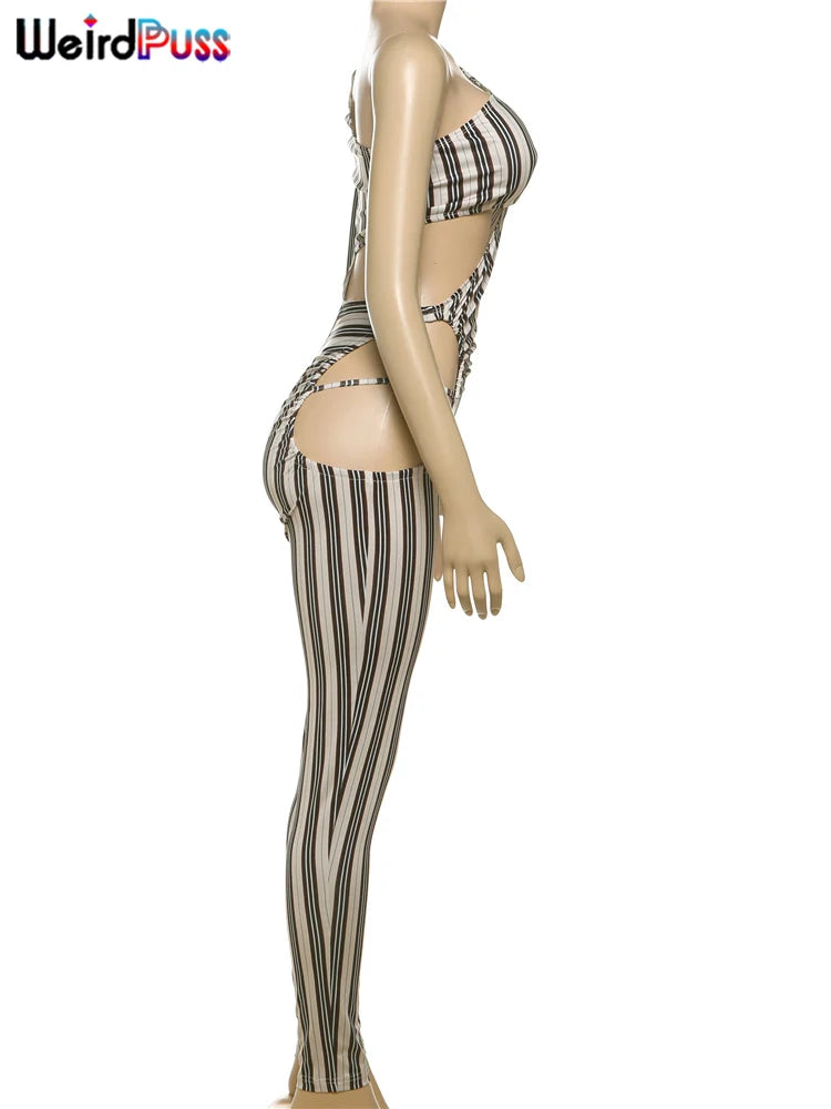 Sexy Hollow Ruched Jumpsuit for Women Irregular Hipster Stripe Print Full Sleeve Clubwear Midnight Workout Overalls